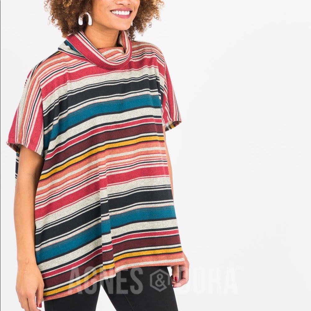 Agnes&Dora Turtle neck Poncho Berry/Teal Stripe